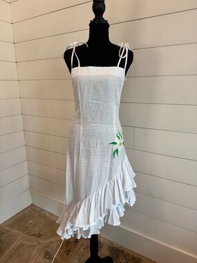FANM MON Freda Dress White Linen Ruffled Asymmetric Size Small